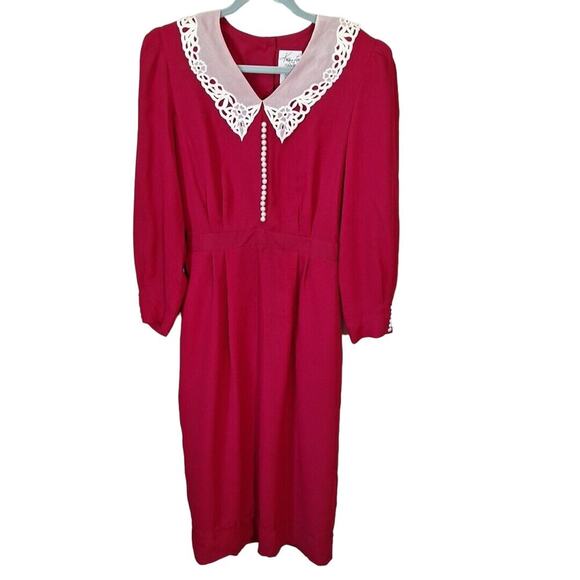 Vintage 80s/90s Red Lace Collar Midi Goth Coquette Dress Women Size 14 - Picture 8 of 11